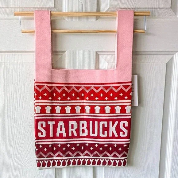 New 2023 China Starbucks Christmas Knitted Pink/Red Tote Bag - Picture 2 of 5
